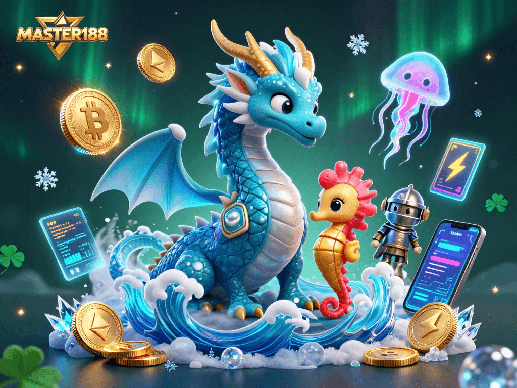 Immerse in gaming with MASTER188's thrilling 3D illustration, showcasing underwater adventure and casino excitement.