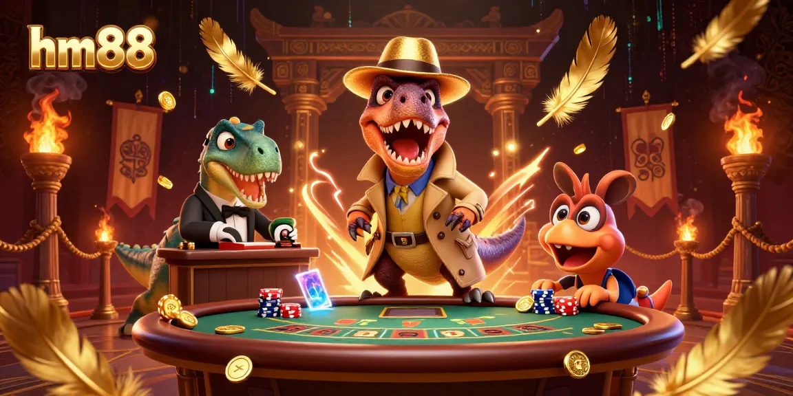 Experience excitement with hm88 as a velociraptor card counter sneaks chips at a vibrant blackjack table full of action.