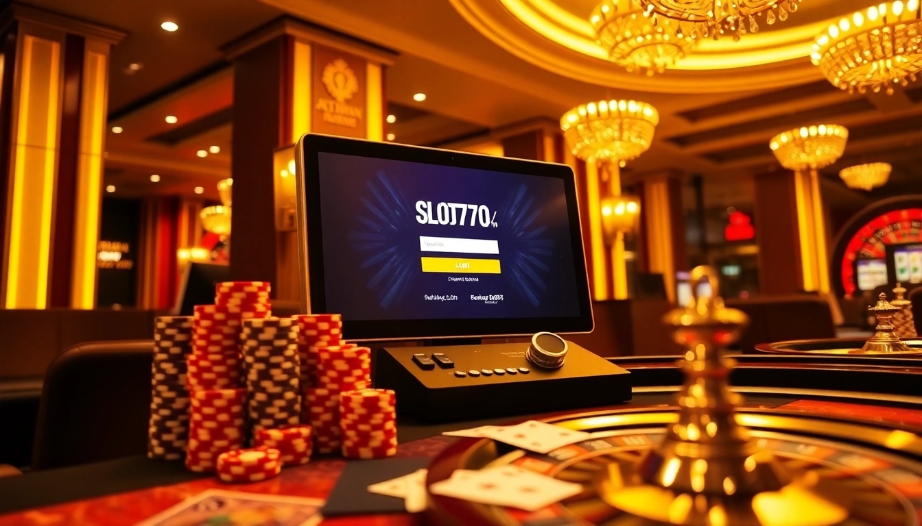 Experience the excitement of slot777 login with vibrant slot machines and elegant casino decor.