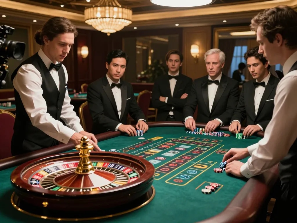 Players engage with an elegant roulette table at a casino, showcasing a thrilling Agen Resmi experience.