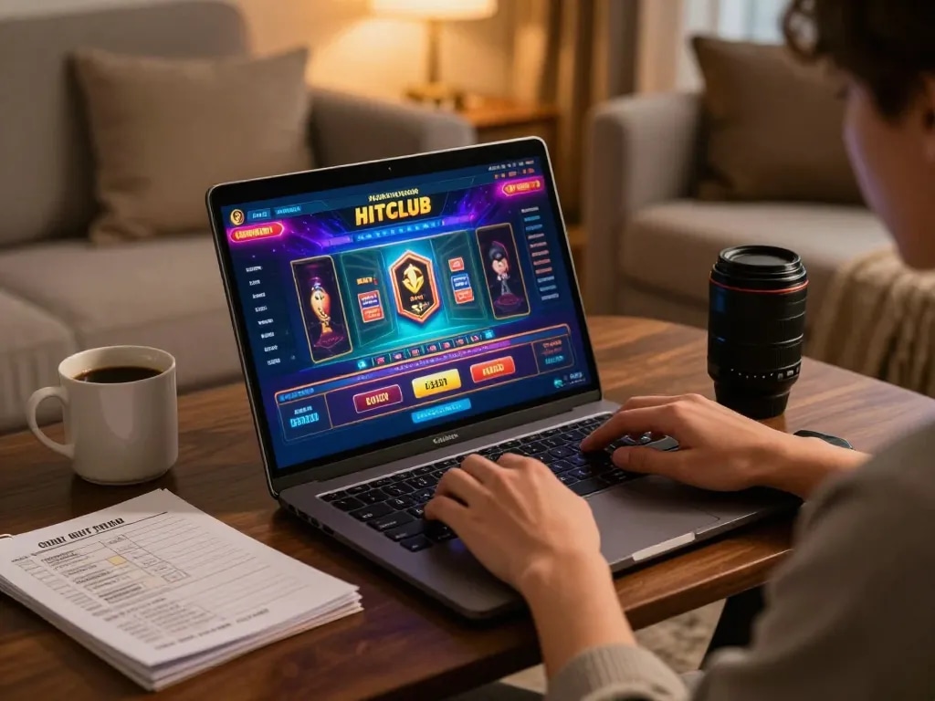 Engaging in Hitclub online gaming experience on a laptop in a cozy home setting.