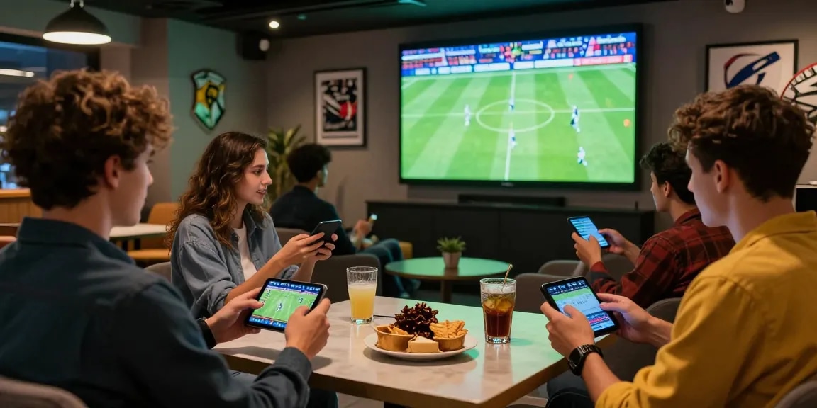 Friends enjoying thể thao au88 sports betting in a lively lounge atmosphere
