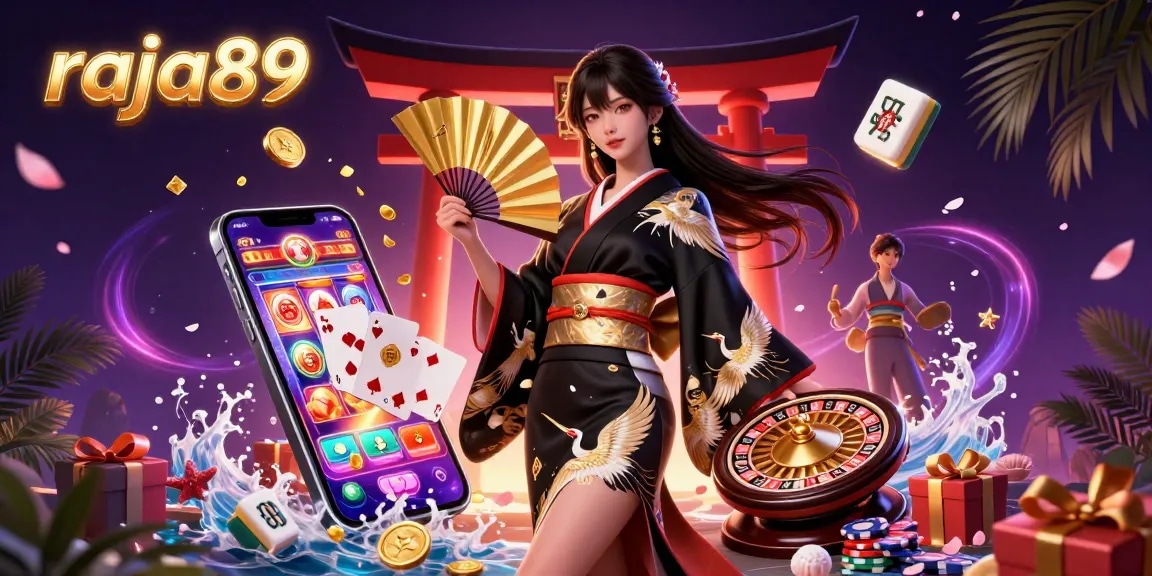 Engage with raja89's vibrant gaming experience featuring dynamic casino elements and a stunning backdrop.
