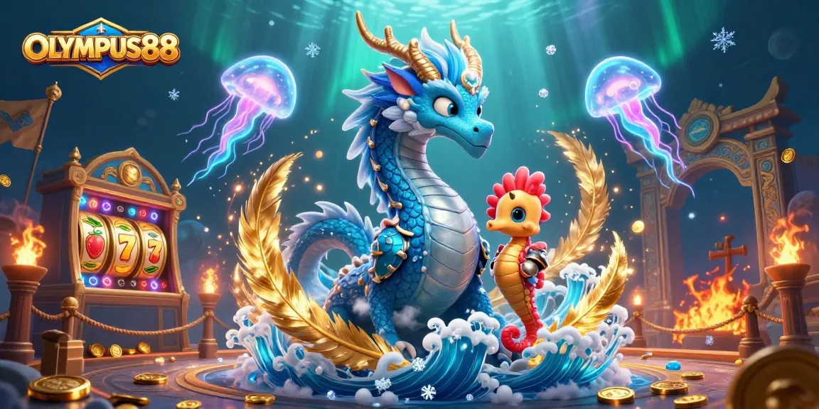 OLYMPUS88 adalah ilustrasi 3D menampilkan naga air, ksatria kuda laut, dan simbola perjudian yang menarik.