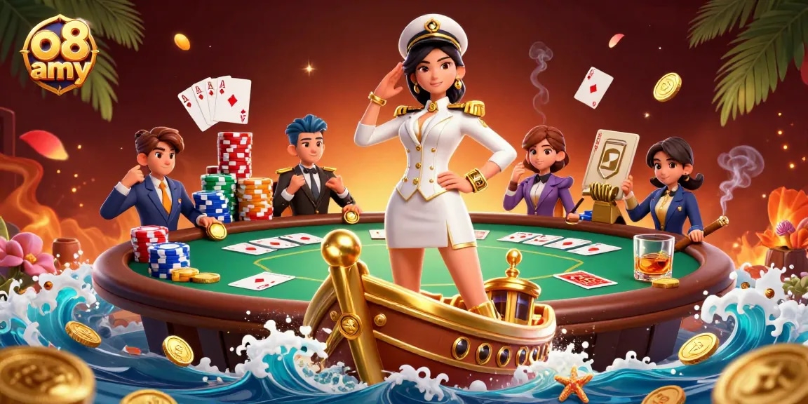 Experience the thrill of the o8 army casino with a vibrant 3D illustration featuring poker elements and oceanic themes.