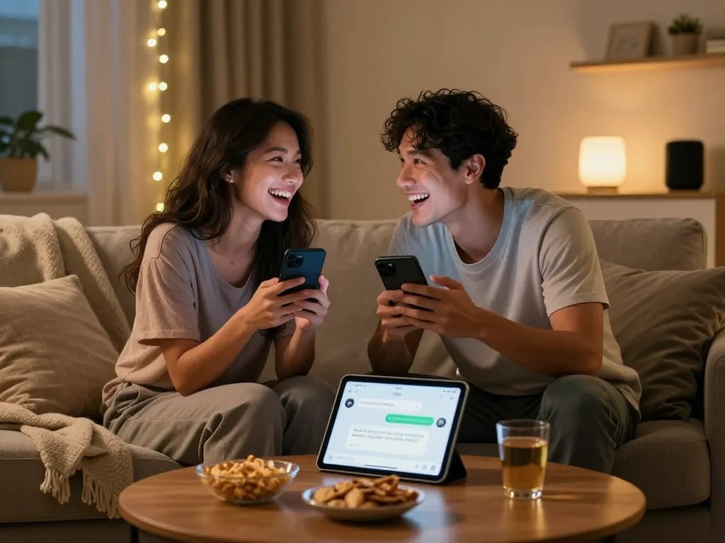 Couple enjoying playful AI sexting in a cozy home setting, showcasing modern intimacy and technology.