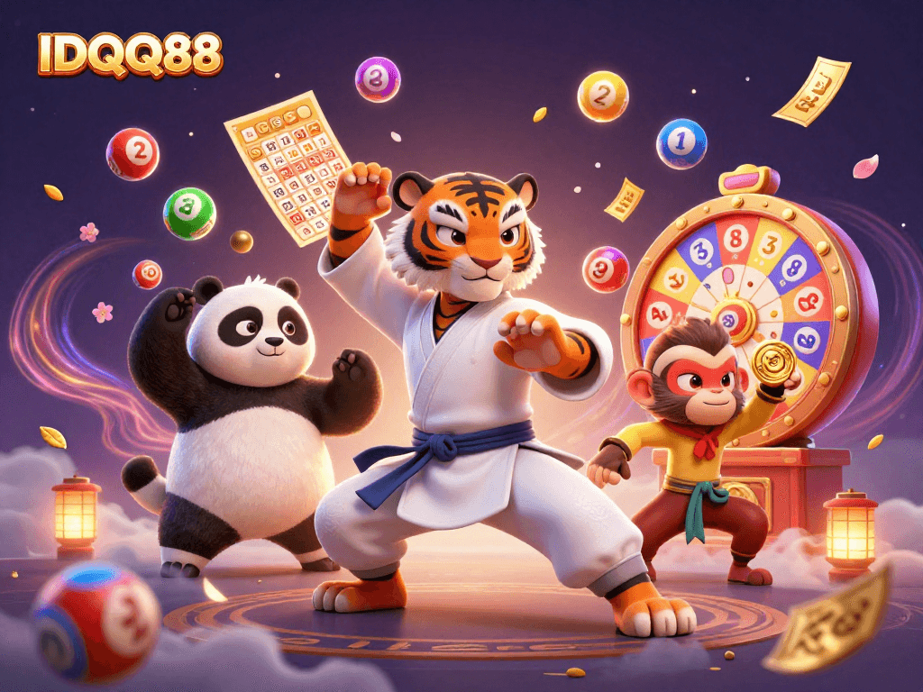 IDQQ88 showcases a vibrant 3D scene with a kung fu tiger and a playful monkey amidst lottery excitement.