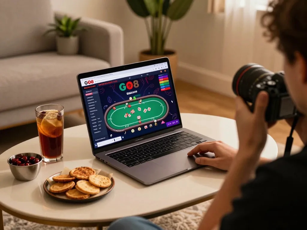 Person playing at GO8 online casino, enjoying a cozy gaming atmosphere.