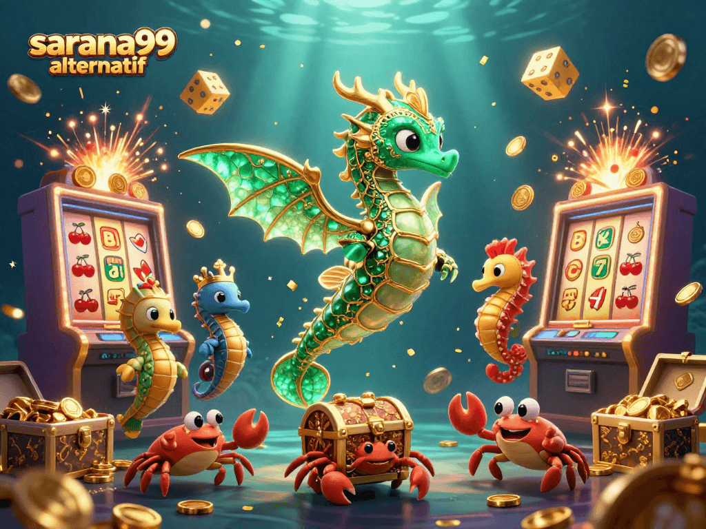 Sarana99 alternatif showcases a mesmerizing underwater casino scene with vibrant sea creatures and slot machines filled with coins.