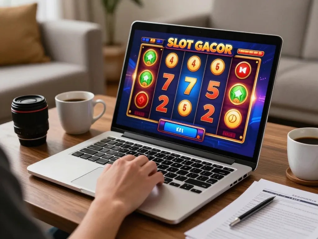 Player enjoying Slot Gacor on laptop, highlighting vibrant graphics and excitement.