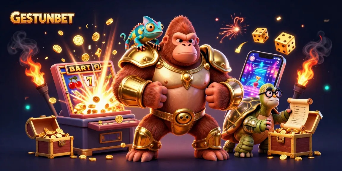 Experience thrilling wins at GESTUNBET with an exciting 3D illustration of gambling adventures and big jackpots.