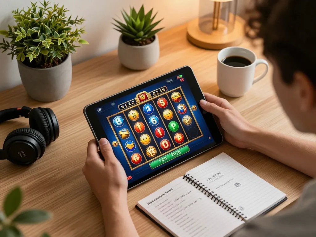 Engaging in Demo Slot gameplay on a tablet in a cozy home setting.