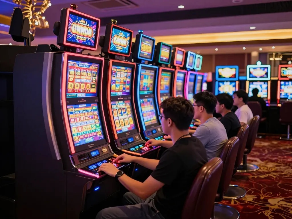 Players enjoying slot gacor games at vibrant casino machines, highlighting excitement and engagement