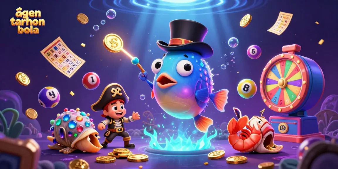 Engage with agen taruhan bola to see an anglerfish attracting golden coins amid vibrant gambling elements.