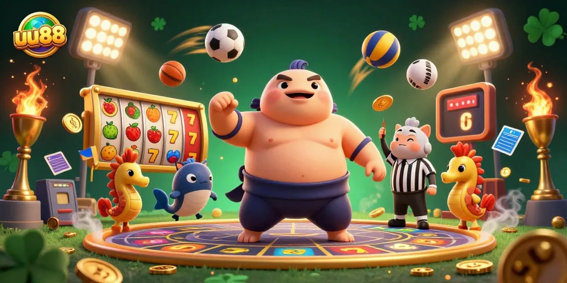 uu88 showcases an energetic slot game scene featuring a blowfish wearing a sumo belt, emphasizing gaming excitement.