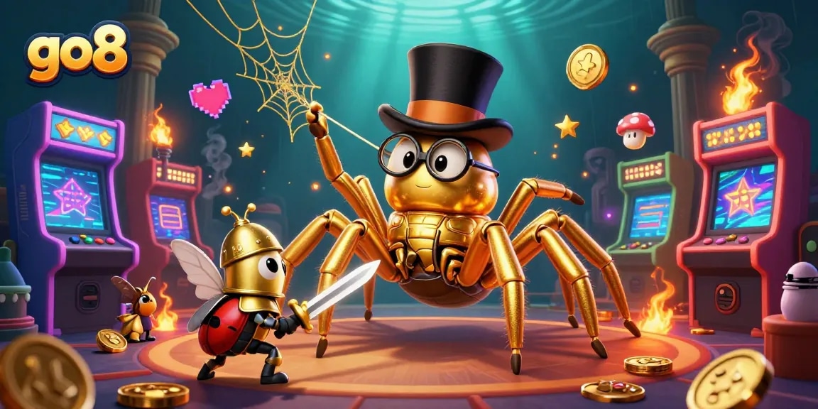 Engage with go8's thrilling games under a vibrant casino environment, featuring dynamic characters and colorful arcade elements.
