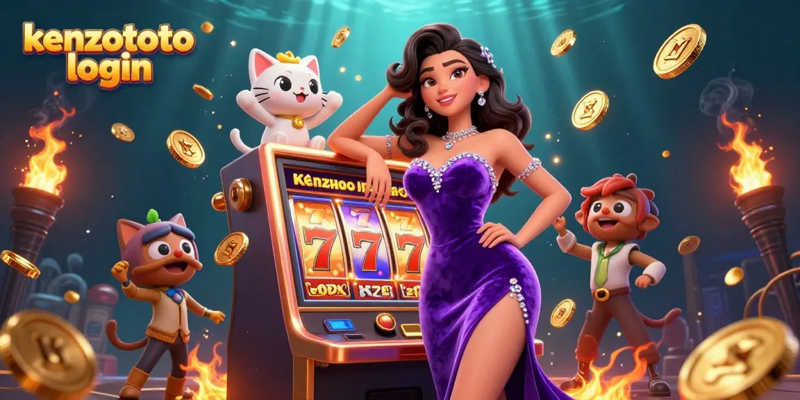 Engage with kenzototo login, featuring a glamorous woman beside a jackpot slot machine with a fortune cat mascot.