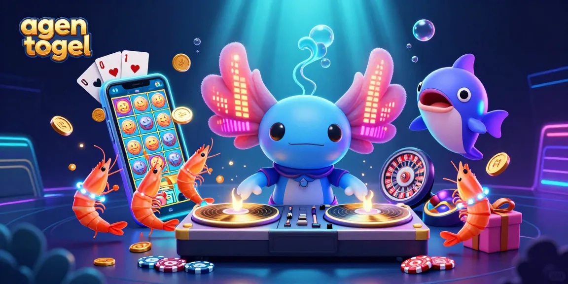 Mengelola permainan agen togel secara menarik dengan karakter ceria dalam suasana meriah dan elemen kasino yang mengundang.