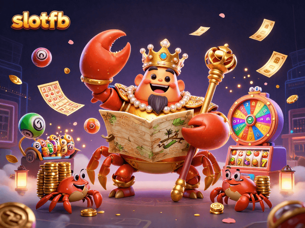 Engage in exciting slotfb gameplay with colorful lottery elements and a majestic golden crab emperor.