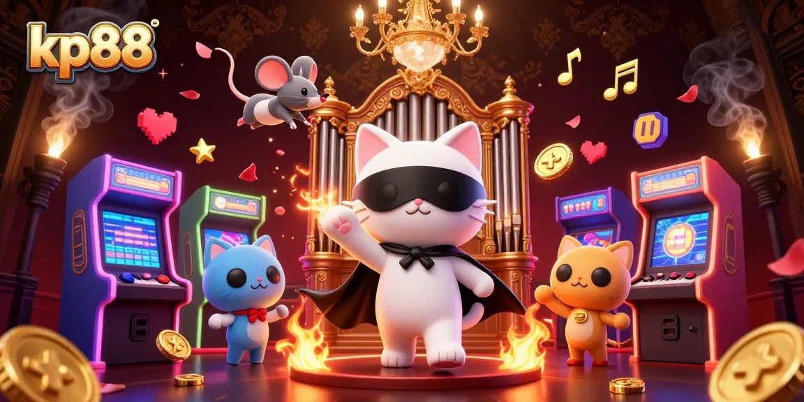 Experience thrilling action at kp88 with a charming phantom cat and arcade pieces in a vibrant casino scene.