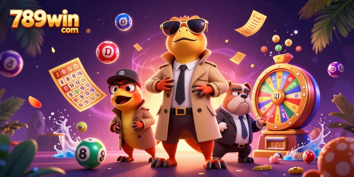 Experience the excitement of 789win com with colorful lottery elements and playful characters in a vibrant casino setting.