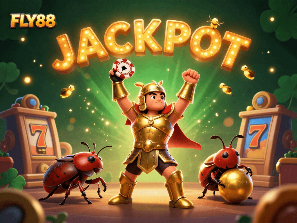 FLY88 showcases a 3D beetle triumphantly lifting a poker chip amidst vibrant slot machines.