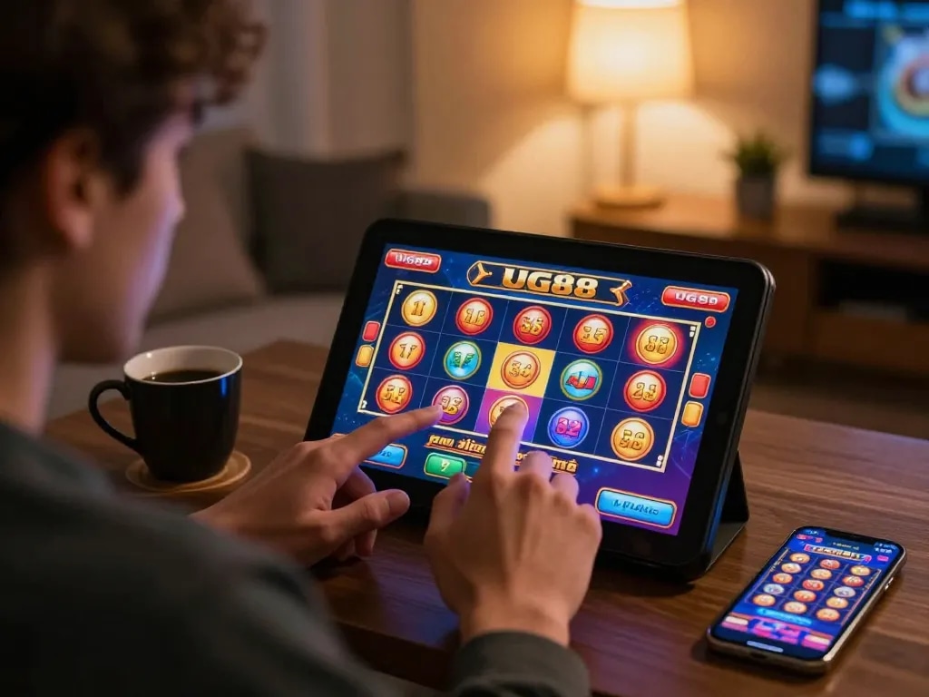 Player utilizing the UG88 app for an engaging mobile casino experience at home while relaxing on the couch.