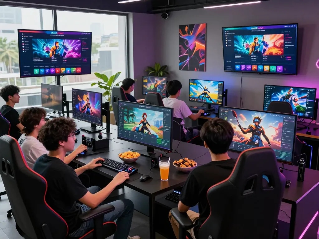 Engaging gamers enjoying the MERDEKA88 platform in a lively lounge environment, showcasing vibrant screens and community.