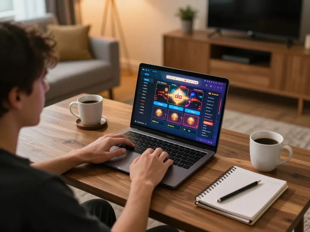 Engaging in online casino gameplay on a laptop showcasing Rikvip apps in cozy living room setup
