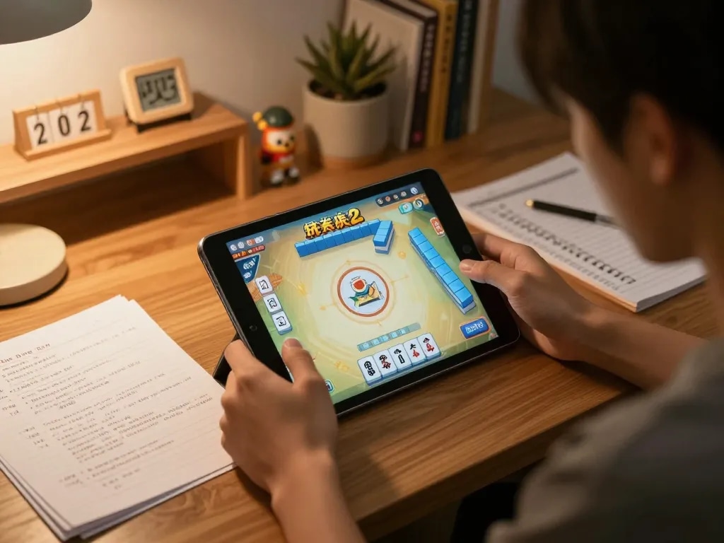 Pemain menganalisis strategi ritme spin mahjong ways 2 di rumah dengan tablet dan catatan.