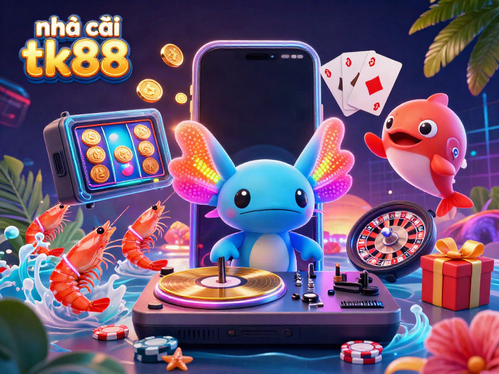 Enjoy dynamic casino action at nhà cái tk88 with a vibrant 3D illustration of a DJ axolotl and shrimp dancers.