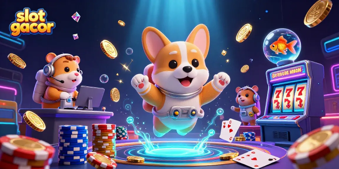 Slot gacor: Astronot Corgi dalam kasino luar angkasa mengawasi permainan slot yang penuh warna.