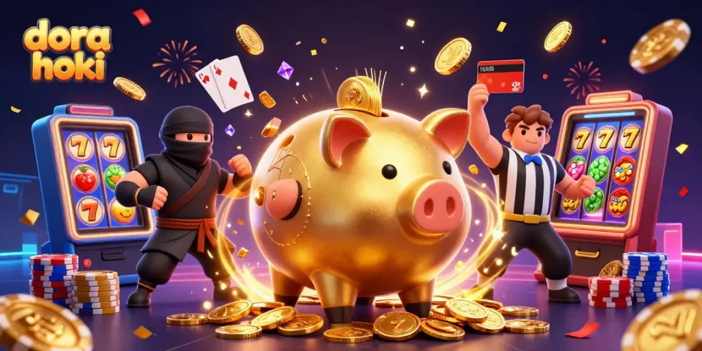 Permainan dora hoki dengan sumo pemilik bank emas, kartu royal flush dan koin berpendar.