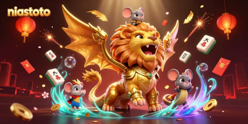 Experience niastoto's thrilling gaming atmosphere with a chimera and mouse jockey amidst vibrant casino elements!