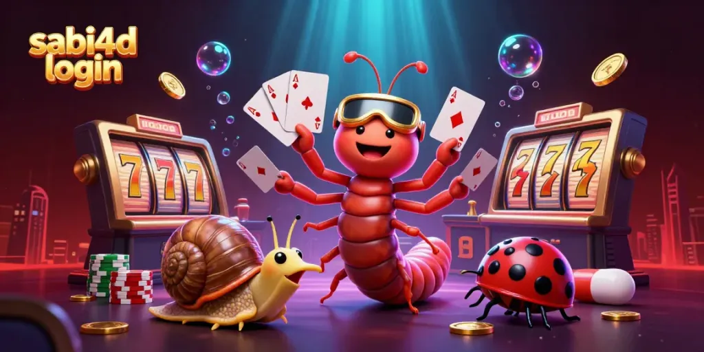 Menangkan permainan dengan sabi4d login di halaman slot menarik dengan dealer kartun dan tumpukan chip.