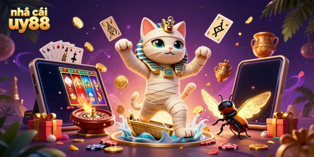 House your bets at nhà cái uy88 with vibrant 3D casino scene showcasing interactive gaming elements.