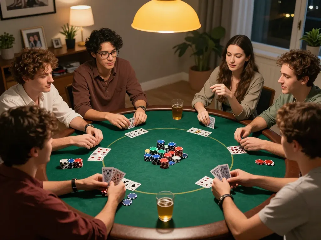 Friends enjoying a lively poker night with Fun88-themed chips and cards, creating a strategic gaming atmosphere.