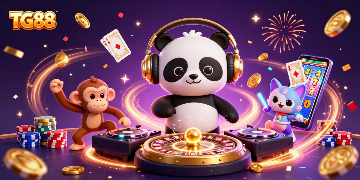 Experience the excitement of TG88 with vibrant characters and casino elements in this lively illustration.