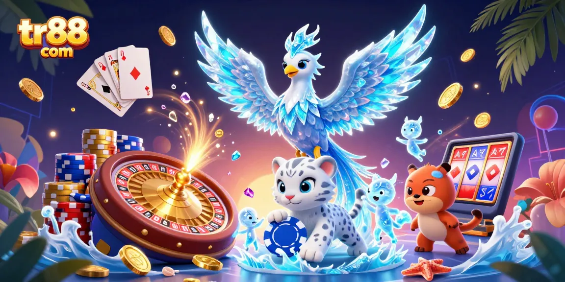 Engage with tr88 com as a lively 3D casino scene showcases a dynamic ice phoenix, playful snow leopard, and sparkling gems.
