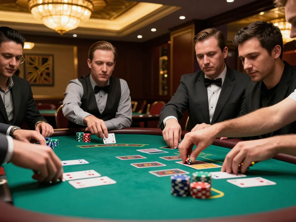 Players focusing on their blackjack strategy at tg88 casino table with colorful chips and cards