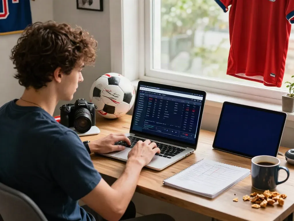 Penggemar taruhan sedang fokus di meja kerja dengan laptop terbuka pada platform KANTORBOLA.