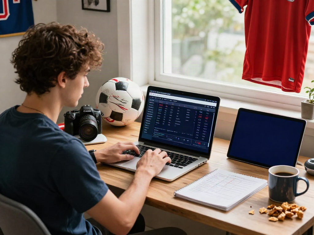 Penggemar taruhan sedang fokus di meja kerja dengan laptop terbuka pada platform KANTORBOLA.