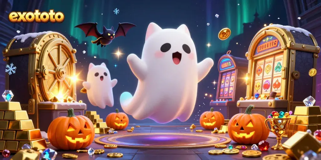 Menangkan slot gacor dengan EXOTOTO, ilustrasi kasino yang penuh hantu dan permainan menggembirakan.