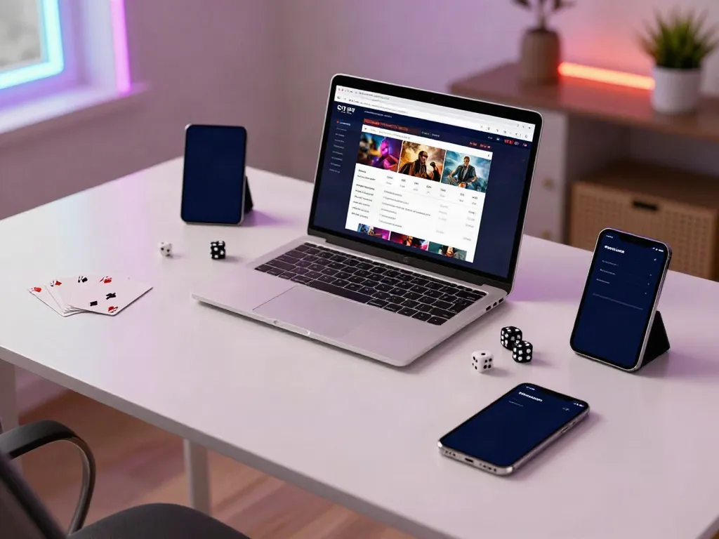 Setup bermain alexistoto dengan laptop dan elemen dekoratif seperti kartu dan dadu.