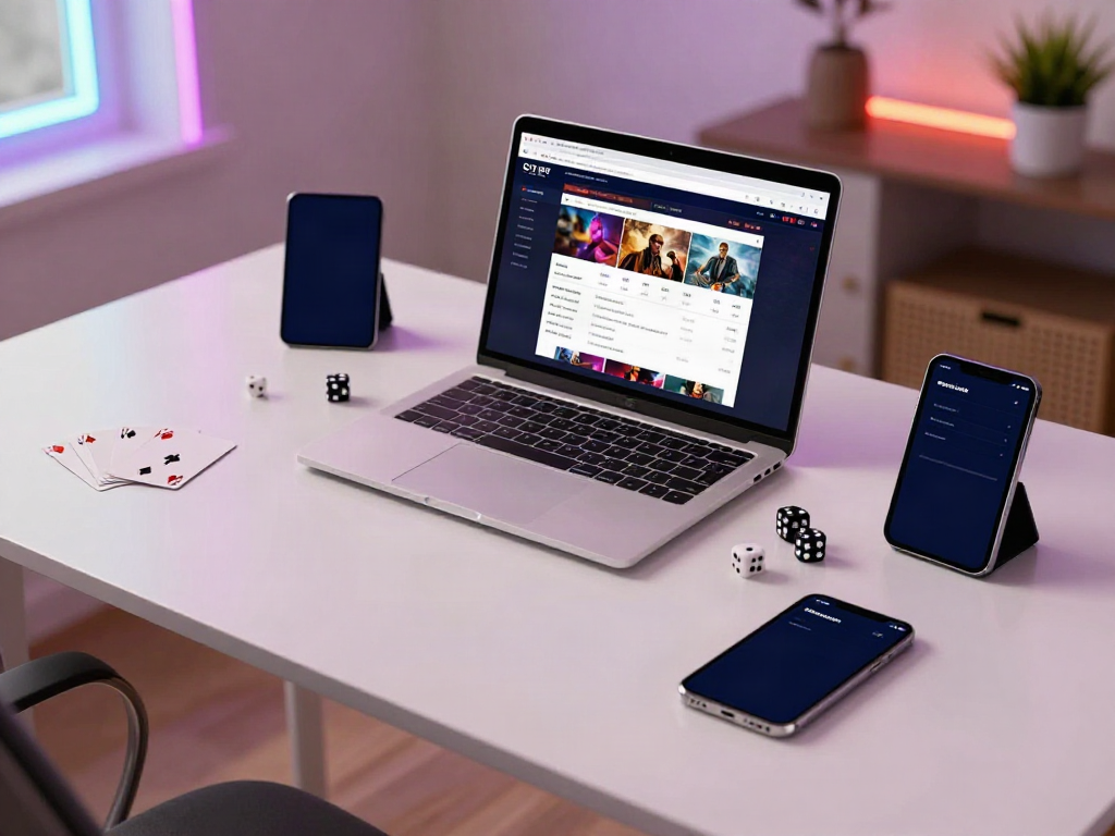 Setup bermain alexistoto dengan laptop dan elemen dekoratif seperti kartu dan dadu.