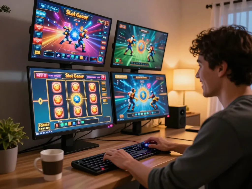 Player engaging with Slot Gacor games in a stylish home office, showcasing responsible online gambling.