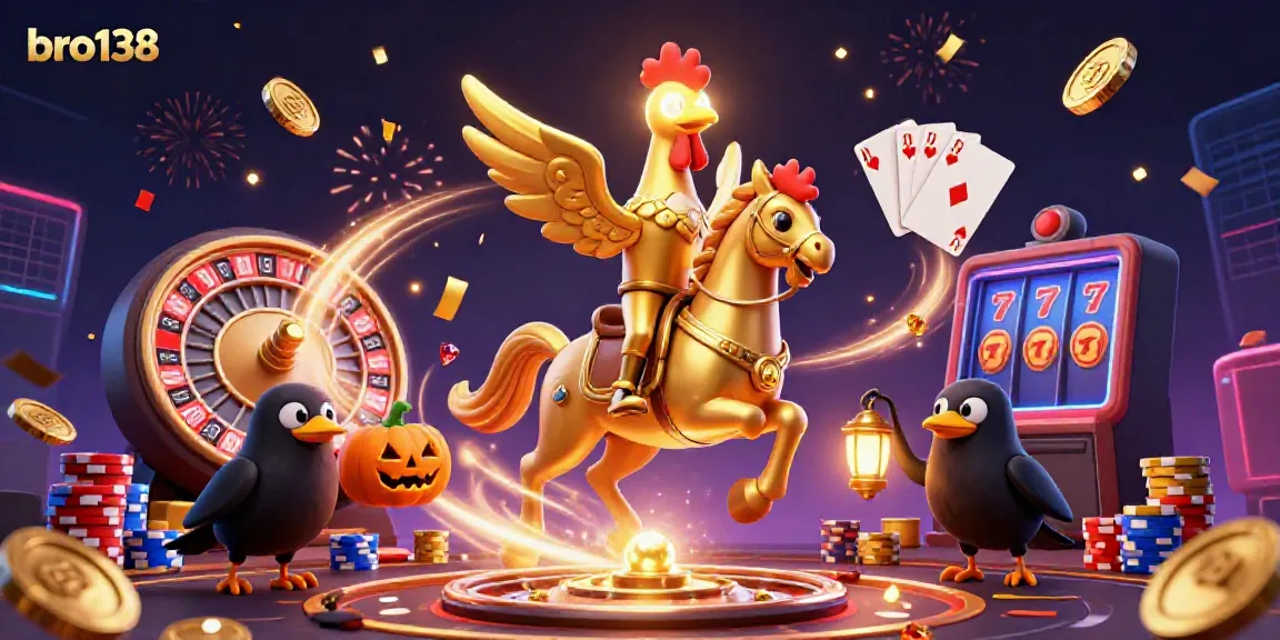 Experience the enchanting world of bro138 with a golden rooster and magical casino vibes.