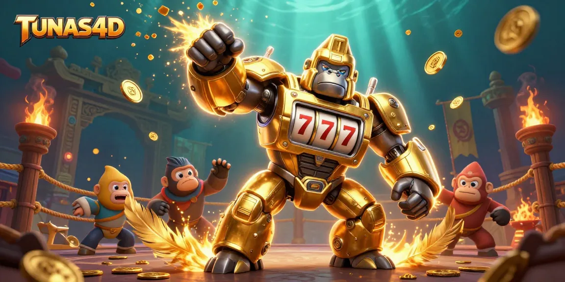 TUNAS4D showcases a vibrant 3D illustration of a golden gorilla mech celebrating big wins in an action-packed slot environment.