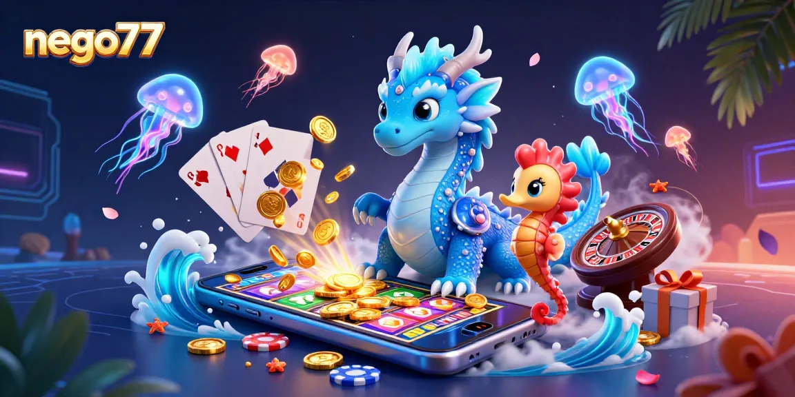 Nego77 enhances gaming with a vibrant 3D casino scene featuring a dragon, knight, and jellyfish.