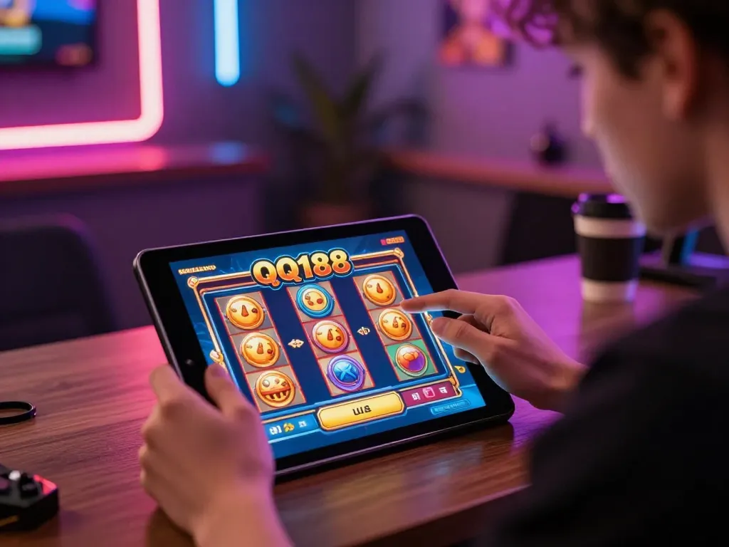 Berinteraksi dengan QQ188 Slot di tablet dalam pengaturan permainan yang nyaman, menampilkan permainan strategis.